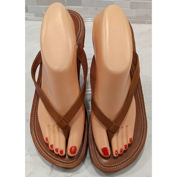 Women's NIKE Brown Leather Wedge Heel Flip-Flop Summer Beachy Sandals SZ 9 - Picture 3 of 8